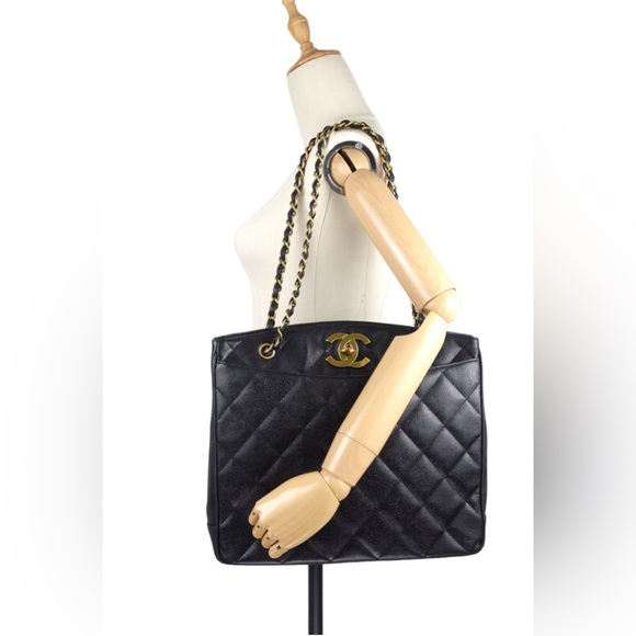 CHANEL CC Turnlock Black Caviar w/ Gold Chain Strap Leather Bag Large Tote Purse - Picture 9 of 9